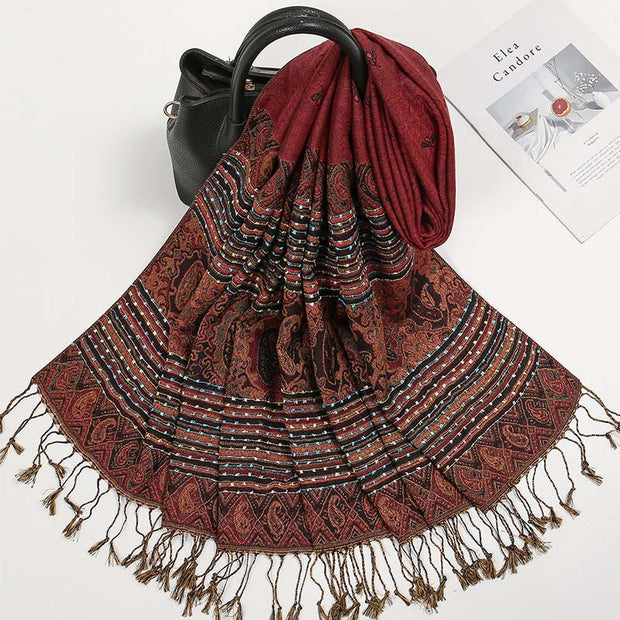 Buddha Stones Spring Cashew Flower Stripe Geometric Pattern Tassel Soft Scarf Shawl - image 1