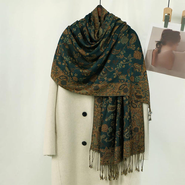 Buddha Stones Spring Dark Green Cashew Flower Floral Leaf Pattern Tassel Soft Scarf Shawl - Teal 180*70cm - image 0