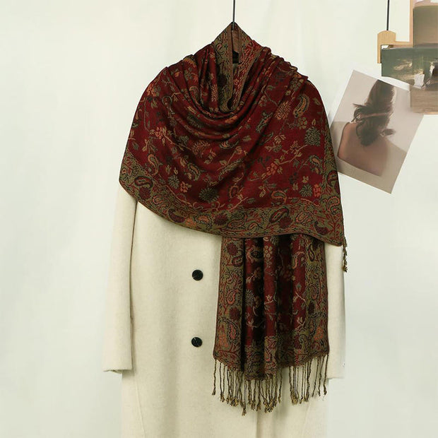 Buddha Stones Spring Dark Red Cashew Flower Floral Leaf Pattern Tassel Soft Scarf Shawl - Dark Red 180*70cm - image 0