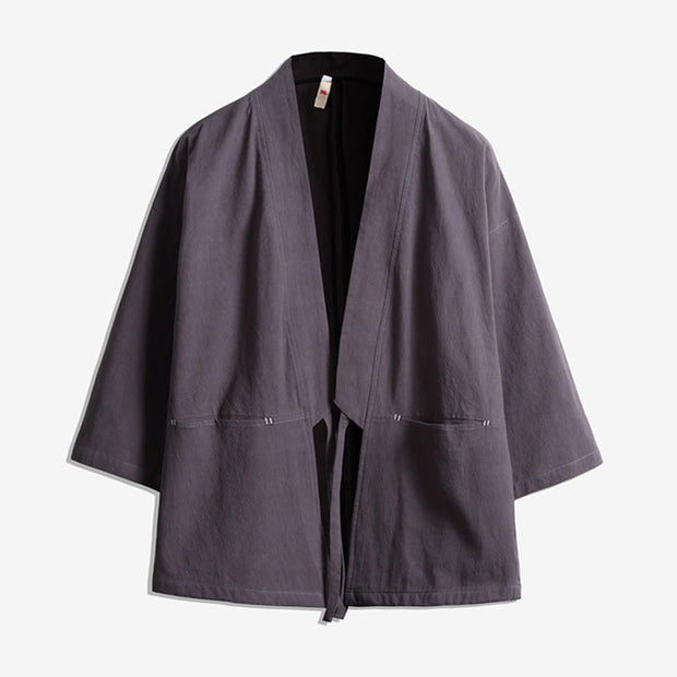 Buddha Stones Solid Color Lace-up Three Quarter Sleeve Open Front Jacket Men's Kimono - Gray - US/UK/AU48，EU58(5XL) - image 4