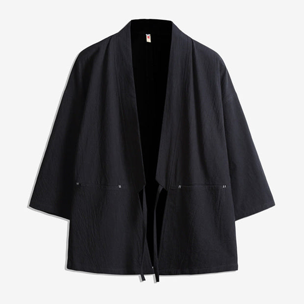 Buddha Stones Solid Color Lace-up Three Quarter Sleeve Open Front Jacket Men's Kimono - Black - US/UK/AU48，EU58(5XL) - image 2