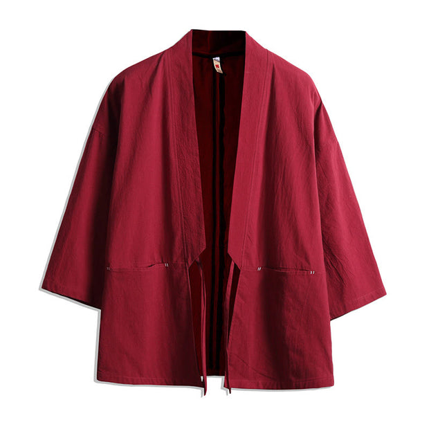 Buddha Stones Solid Color Lace-up Three Quarter Sleeve Open Front Jacket Men's Kimono - Red - US/UK/AU48，EU58(5XL) - image 6