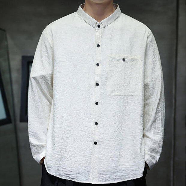 Buddha Stones Spring Men's Solid Color Buttons Design Long Sleeve Shirt - image 7