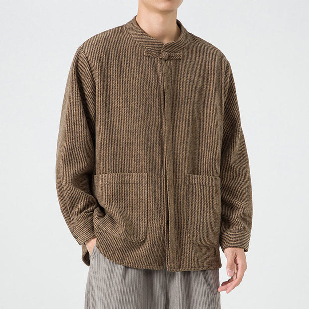 Buddha Stones Solid Color Frog-Button Long Sleeve Men's Cotton Corduroy Jacket With Pockets - image 2