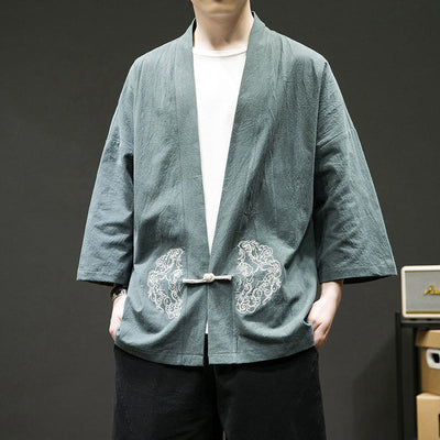 Buddha Stones Solid Auspicious Clouds Open Front Long Sleeve Jacket Men's Cotton Kimono - CadetBlue - US/UK/AU46，EU56 (5XL) - image 0