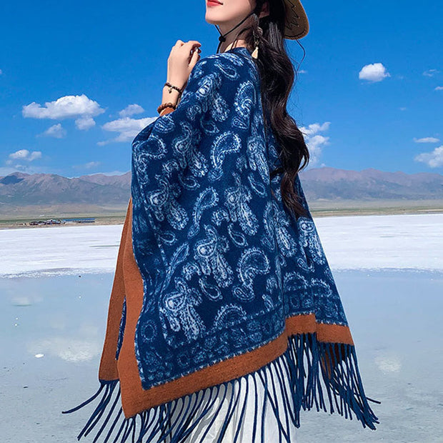 Buddha Stones Navy Paisley Pattern Patchwork Design Tassel Scarf Shawl - image 6