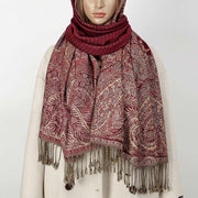 Buddha Stones Spring Long Leaves Flowers Pattern Tassel Soft Scarf Shawl - IndianRed - 175*70cm - image 9