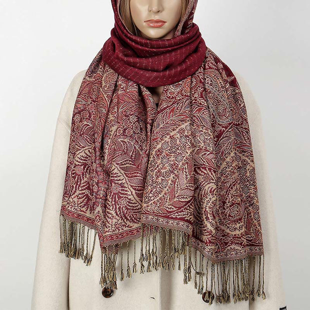 Buddha Stones Spring Long Leaves Flowers Pattern Tassel Soft Scarf Shawl - IndianRed - 175*70cm - image 9