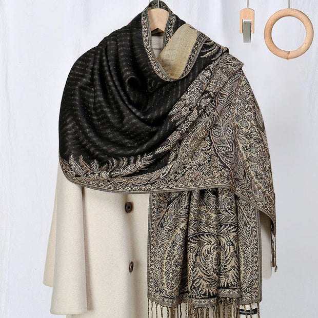 Buddha Stones Spring Long Leaves Flowers Pattern Tassel Soft Scarf Shawl - DarkKhaki - 175*70cm - image 5