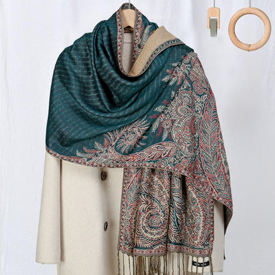 Buddha Stones Spring Long Leaves Flowers Pattern Tassel Soft Scarf Shawl - CadetBlue - 175*70cm - image 0