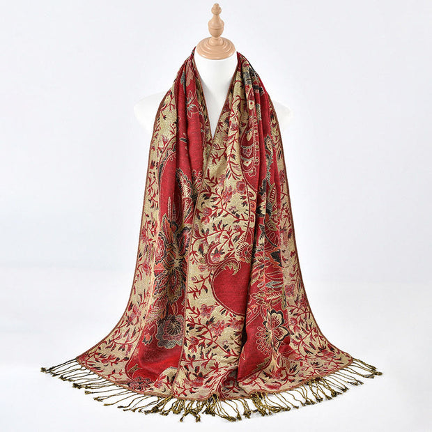 Buddha Stones Spring Red Flowers Leaves Vines Pattern Tassel Soft Scarf Shawl - image 6