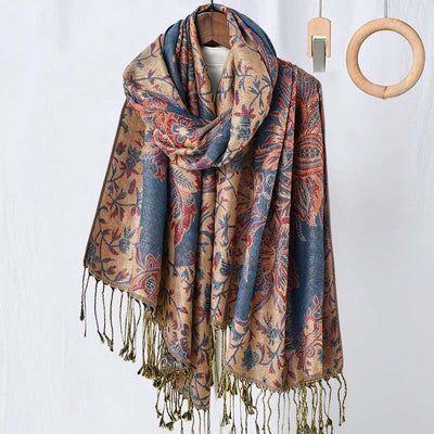 Buddha Stones Spring Red Flowers Leaves Vines Pattern Tassel Soft Scarf Shawl - SteelBlue - 180*70cm - image 0