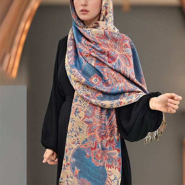 Buddha Stones Spring Red Flowers Leaves Vines Pattern Tassel Soft Scarf Shawl - image 3