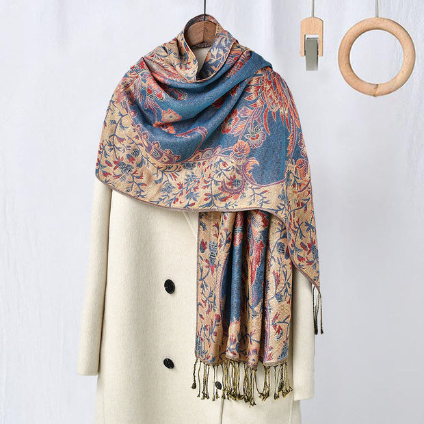 Buddha Stones Spring Red Flowers Leaves Vines Pattern Tassel Soft Scarf Shawl - image 1