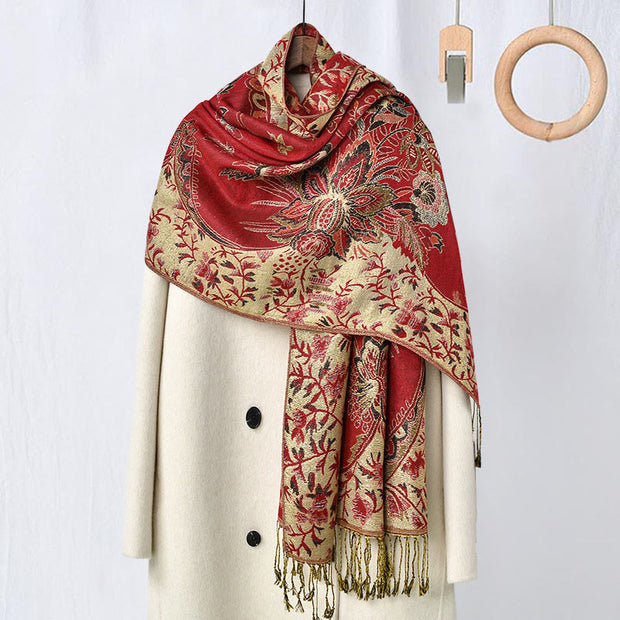 Buddha Stones Spring Red Flowers Leaves Vines Pattern Tassel Soft Scarf Shawl - Red - 180*70cm - image 5