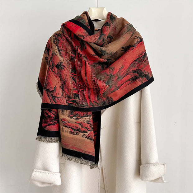 Buddha Stones Winter Landscape Painting Pattern Tassels Cozy Thick Scarf Shawl - image 0