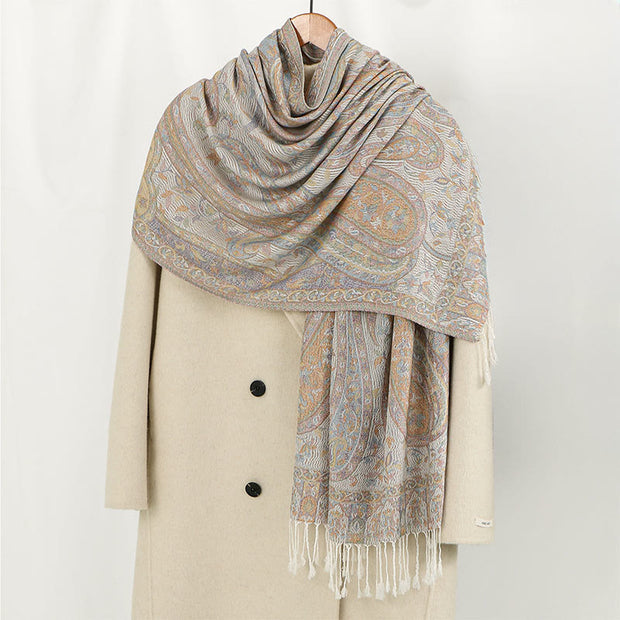 Buddha Stones Spring Cashew Flower Leaves Vines Geometric Pattern Tassel Soft Scarf Shawl - Beige - 178*71cm - image 1