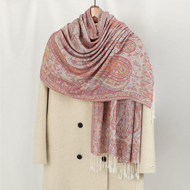 Buddha Stones Spring Cashew Flower Leaves Vines Geometric Pattern Tassel Soft Scarf Shawl - LightPink - 178*71cm - image 2