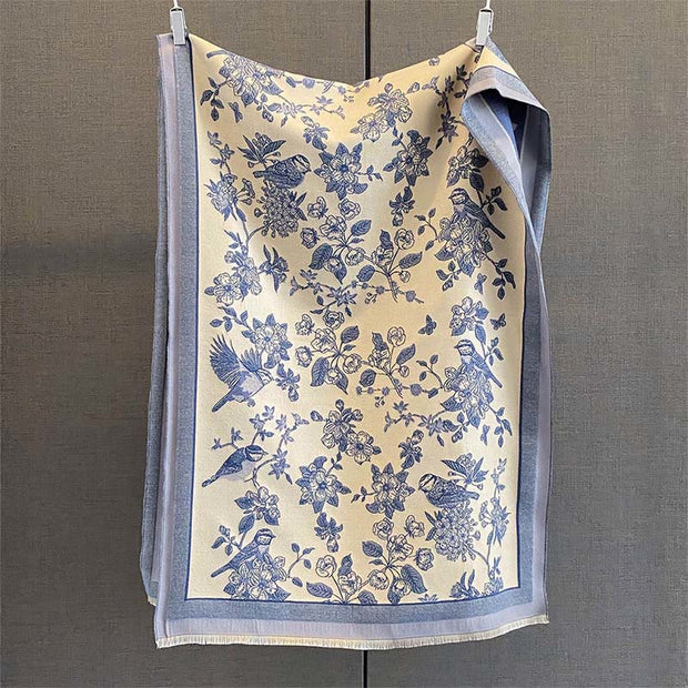 Buddha Stones Commute Flowers Bird Pattern Color Contrast Design Tassels Cozy Soft Scarf Shawl - SlateBlue - 190*65 cm - image 7