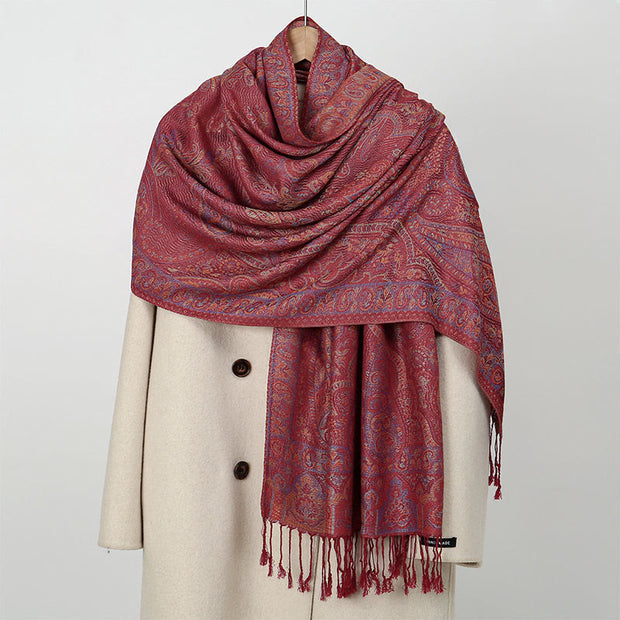 Buddha Stones Spring Cashew Flower Stripes Pattern Tassel Cozy Scarf Shawl - IndianRed - 178*70cm - image 0