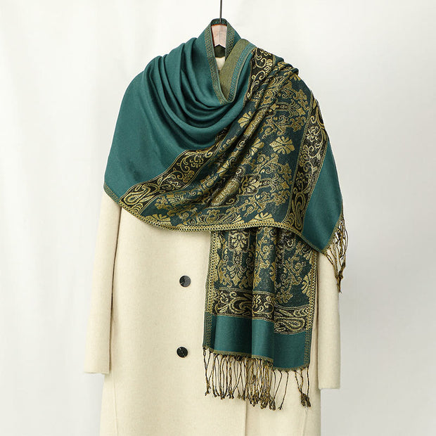 Buddha Stones Spring Golden Cashew Flower Geometric Pattern Tassel Cozy Scarf Shawl - DarkSeaGreen - 172*70cm - image 3