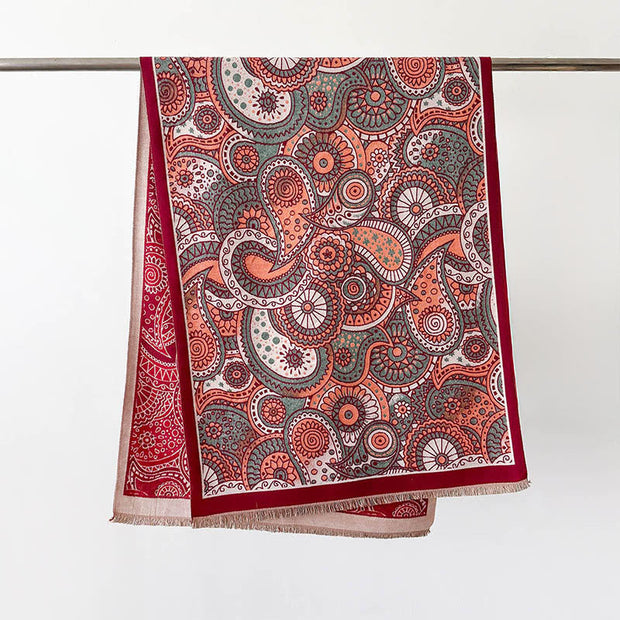 Buddha Stones Winter Ethnic Style Paisley Geometry Pattern Tassels Soft Scarf Shawl - Red - 186*66cm - image 9
