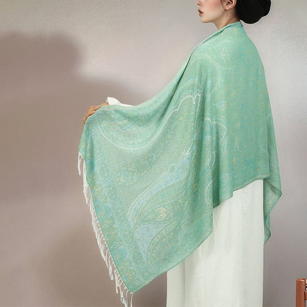 Buddha Stones Spring Green Cashew Flower Geometric Jacquard Pattern Tassel Cozy Scarf Shawl - image 2