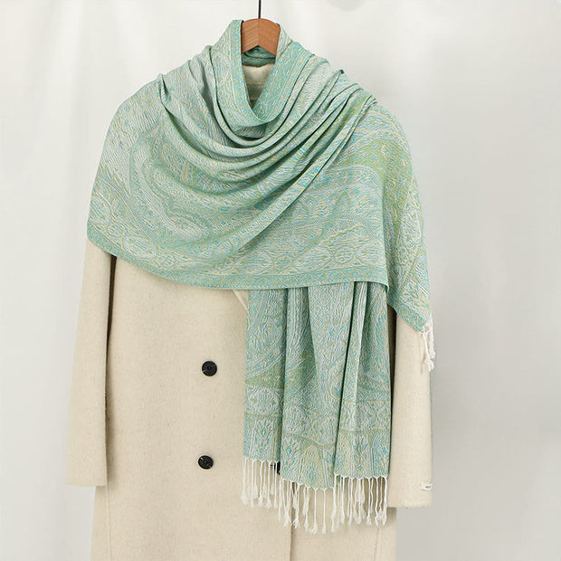 Buddha Stones Spring Green Cashew Flower Geometric Jacquard Pattern Tassel Cozy Scarf Shawl - LightGreen - 184*71cm - image 0