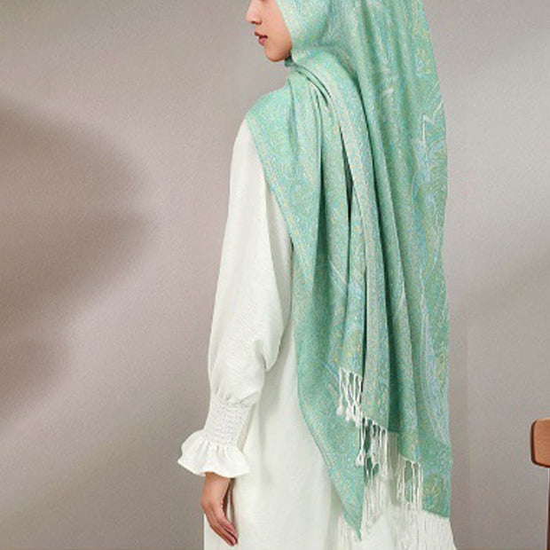 Buddha Stones Spring Green Cashew Flower Geometric Jacquard Pattern Tassel Cozy Scarf Shawl - image 3