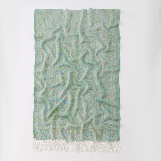 Buddha Stones Spring Green Cashew Flower Geometric Jacquard Pattern Tassel Cozy Scarf Shawl - image 4