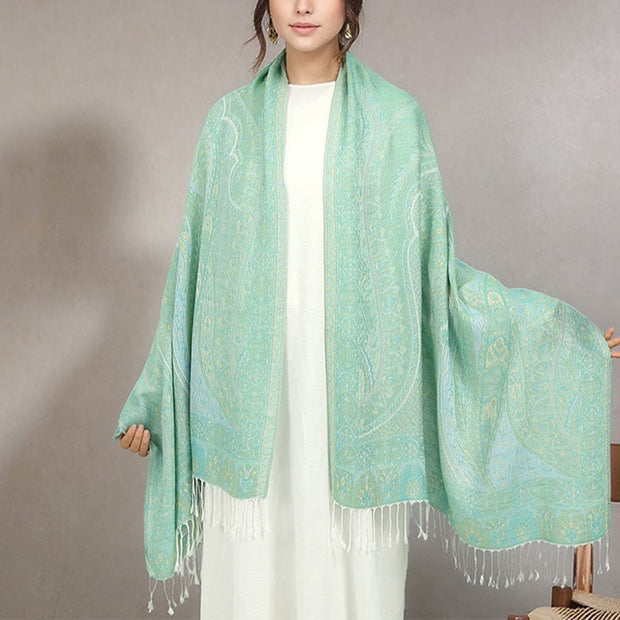 Buddha Stones Spring Green Cashew Flower Geometric Jacquard Pattern Tassel Cozy Scarf Shawl - image 1