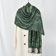 Buddha Stones Spring Green Cashew Flower Geometric Stripes Pattern Tassel Cozy Scarf Shawl - Teal - 170*70cm - image 0