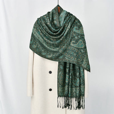 Buddha Stones Spring Green Cashew Flower Geometric Stripes Pattern Tassel Cozy Scarf Shawl - Teal - 170*70cm - image 0