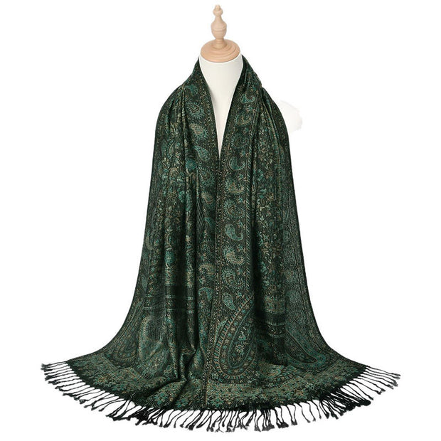 Buddha Stones Spring Green Cashew Flower Geometric Stripes Pattern Tassel Cozy Scarf Shawl - image 2