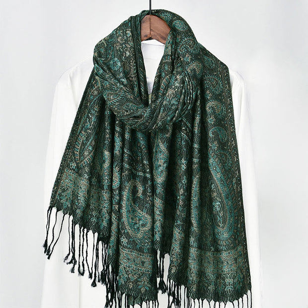Buddha Stones Spring Green Cashew Flower Geometric Stripes Pattern Tassel Cozy Scarf Shawl - image 1