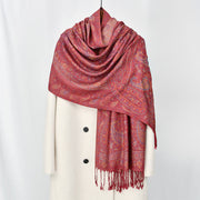 Buddha Stones Spring Red Pink Cashew Flower Geometric Stripes Pattern Tassel Cozy Scarf Shawl - image 1