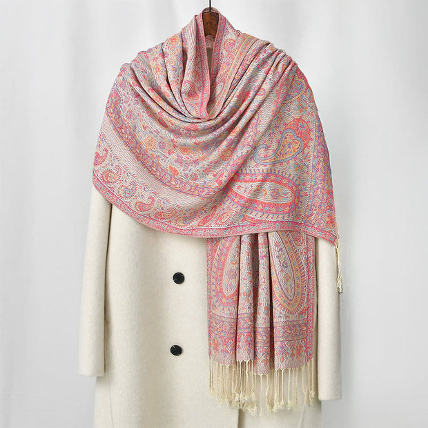 Buddha Stones Spring Red Pink Cashew Flower Geometric Stripes Pattern Tassel Cozy Scarf Shawl - LightPink - 170*70cm - image 4