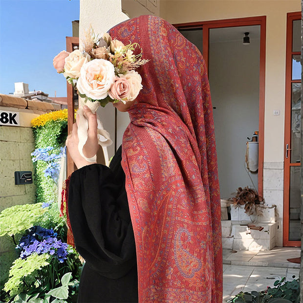 Buddha Stones Spring Red Pink Cashew Flower Geometric Stripes Pattern Tassel Cozy Scarf Shawl - image 2