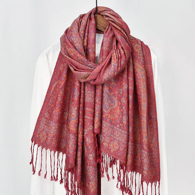 Buddha Stones Spring Red Pink Cashew Flower Geometric Stripes Pattern Tassel Cozy Scarf Shawl - Tomato - 170*70cm - image 0