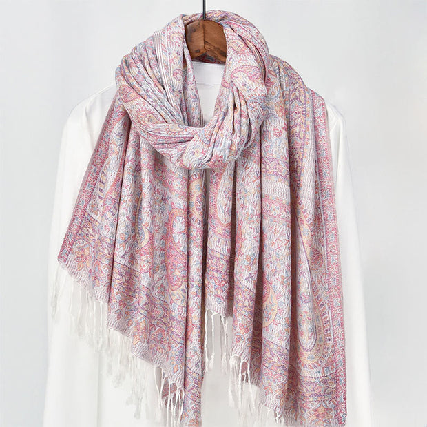 Buddha Stones Spring Light Pink Beige Cashew Flower Geometric Stripes Pattern Tassel Cozy Scarf Shawl - image 1