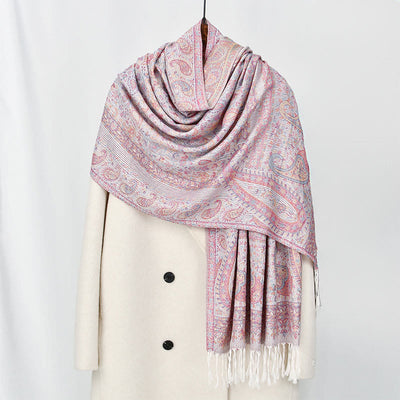 Buddha Stones Spring Light Pink Beige Cashew Flower Geometric Stripes Pattern Tassel Cozy Scarf Shawl - LightPink - 170*70cm - image 0
