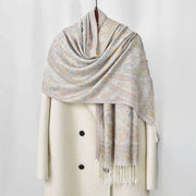 Buddha Stones Spring Light Pink Beige Cashew Flower Geometric Stripes Pattern Tassel Cozy Scarf Shawl - Beige - 170*70cm - image 4