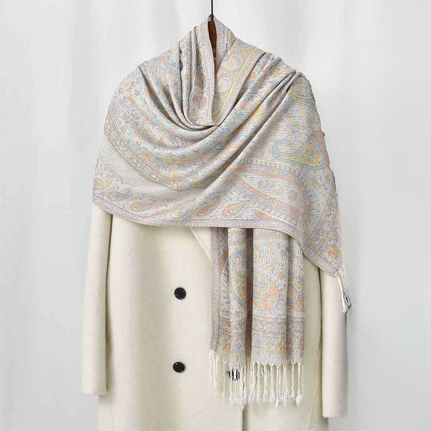 Buddha Stones Spring Light Pink Beige Cashew Flower Geometric Stripes Pattern Tassel Cozy Scarf Shawl - Beige - 170*70cm - image 4