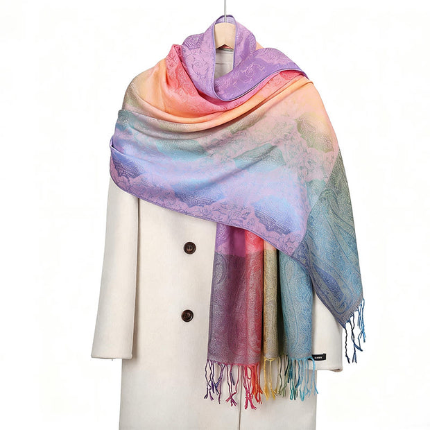Buddha Stones Spring Colorful Gradient Cashew Flower Pattern Tassel Cozy Scarf Shawl - LemonChiffon - 180cm - image 1