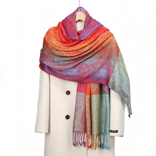 Buddha Stones Spring Colorful Gradient Cashew Flower Pattern Tassel Cozy Scarf Shawl - SandyBrown - 180cm - image 3