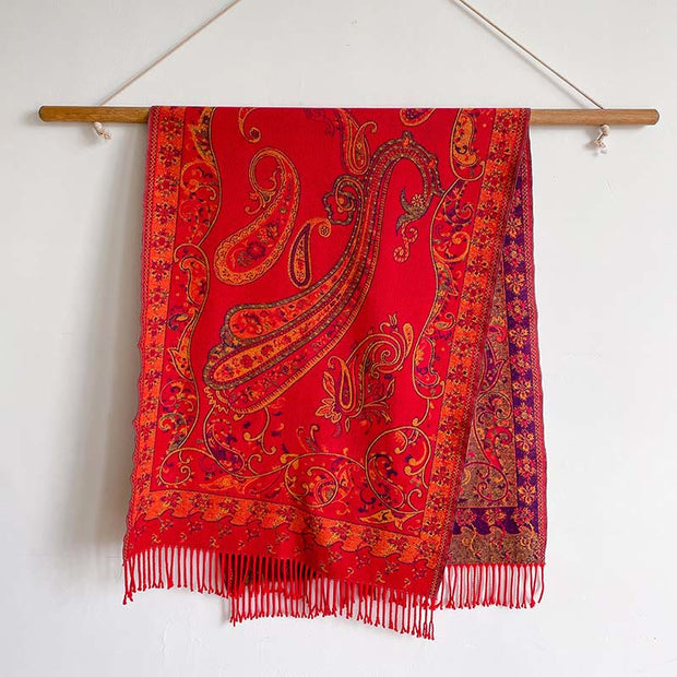 Buddha Stones Winter Commute Thermal Paisley Floral Pattern Tassel Cozy Scarf Shawl - Red - 200*65cm - image 8