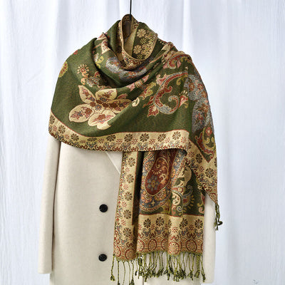 Buddha Stones Spring Cashew Flowers Circular Geometry Pattern Tassel Cozy Scarf Shawl - Olive - 176*70cm - image 0