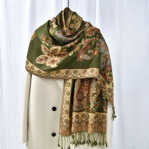 Buddha Stones Spring Cashew Flowers Circular Geometry Pattern Tassel Cozy Scarf Shawl - Olive - 176*70cm - image 0