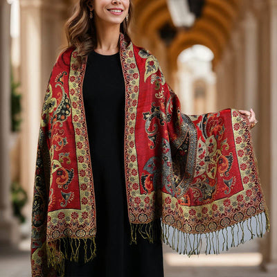 Buddha Stones Spring Cashew Floral Geometry Pattern Tassel Cozy Scarf Shawl - Red - 176*70cm - image 0
