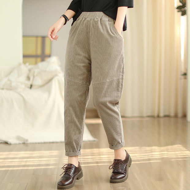 Buddha Stones Plain Tapered Cotton Corduroy Women's Harem Thermal Fleece-Lined Pants With Pockets - Tan - US12，UK/AU16，EU44 (3XL) - image 18